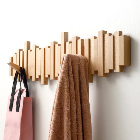 Solid Wood Wall Mount Coat Rack with Piano Key Design - Easy Install, Stylish Wall Organizer for Bedroom, Entryway, and Doorway, Coat Hanger |