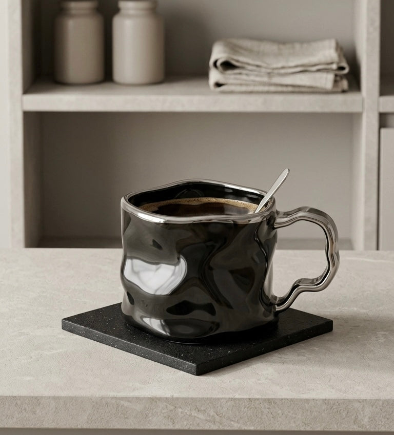 Creative Pleated Ceramic Coffee Cup - Irregular Wavy Teacup with Silvery Handle, Modern Glossy Ceramic Mug, Suitable for Coffee, Tea, Latte