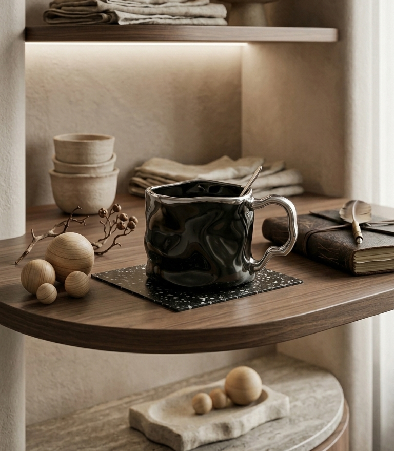 Creative Pleated Ceramic Coffee Cup - Irregular Wavy Teacup with Silvery Handle, Modern Glossy Ceramic Mug, Suitable for Coffee, Tea, Latte