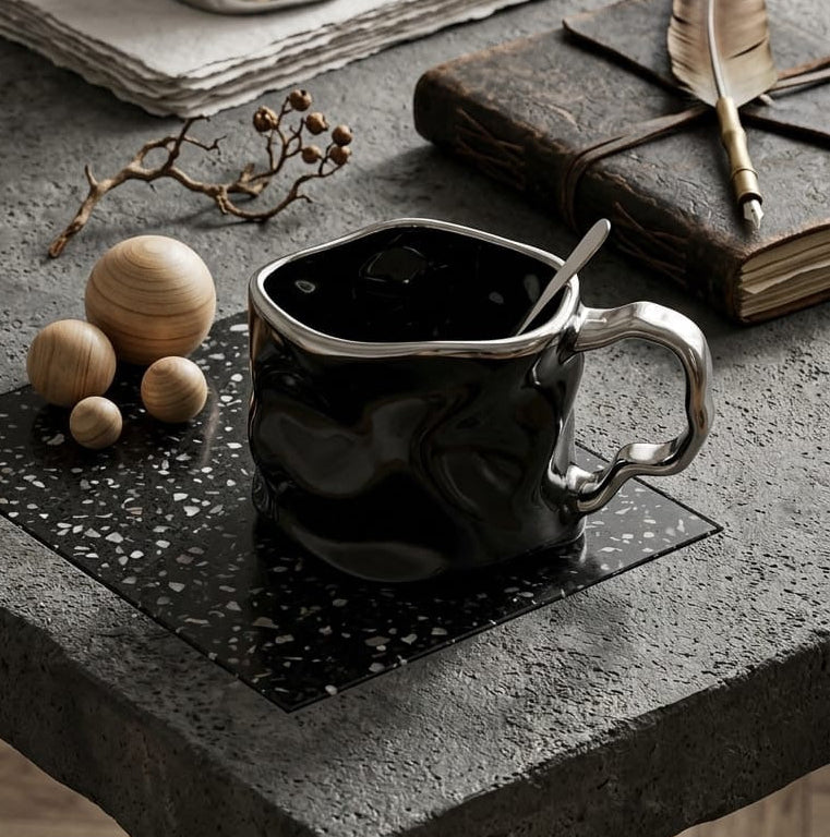 Creative Pleated Ceramic Coffee Cup - Irregular Wavy Teacup with Silvery Handle, Modern Glossy Ceramic Mug, Suitable for Coffee, Tea, Latte