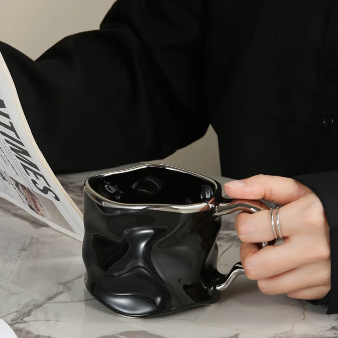 Creative Pleated Ceramic Coffee Cup - Irregular Wavy Teacup with Silvery Handle, Modern Glossy Ceramic Mug, Suitable for Coffee, Tea, Latte