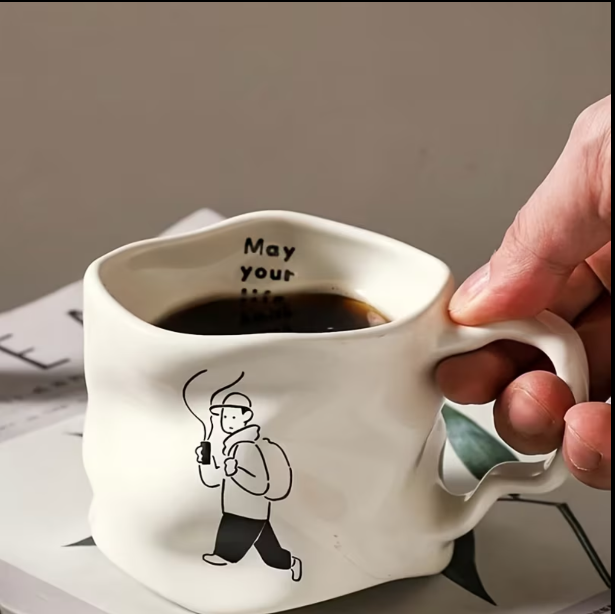 Creative Pleated Ceramic Coffee Cup - Irregular Wavy Teacup with Silvery Handle, Modern Glossy Ceramic Mug, Suitable for Coffee, Tea, Latte