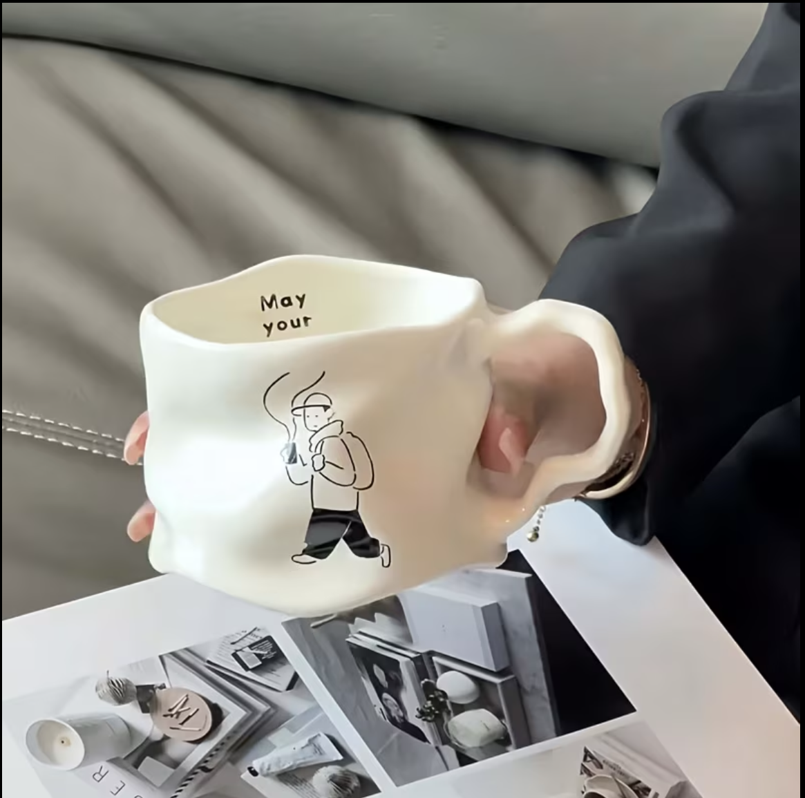 Creative Pleated Ceramic Coffee Cup - Irregular Wavy Teacup with Silvery Handle, Modern Glossy Ceramic Mug, Suitable for Coffee, Tea, Latte
