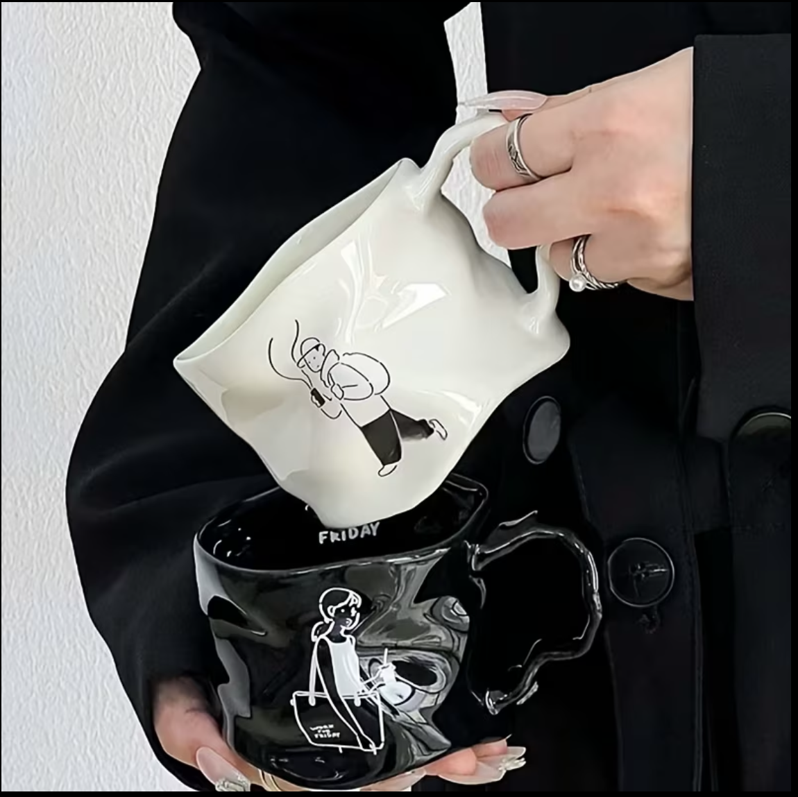 Creative Pleated Ceramic Coffee Cup - Irregular Wavy Teacup with Silvery Handle, Modern Glossy Ceramic Mug, Suitable for Coffee, Tea, Latte