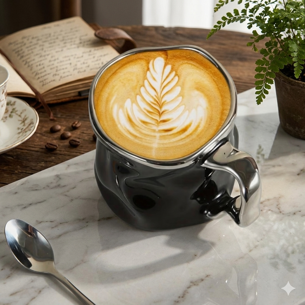 Creative Pleated Ceramic Coffee Cup - Irregular Wavy Teacup with Silvery Handle, Modern Glossy Ceramic Mug, Suitable for Coffee, Tea, Latte