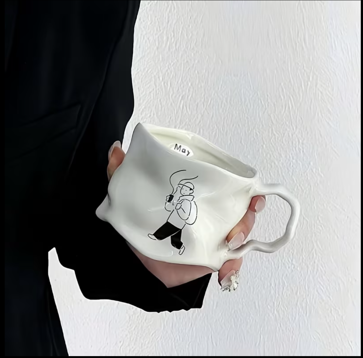Creative Pleated Ceramic Coffee Cup - Irregular Wavy Teacup with Silvery Handle, Modern Glossy Ceramic Mug, Suitable for Coffee, Tea, Latte