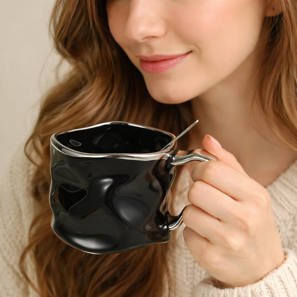 Creative Pleated Ceramic Coffee Cup - Irregular Wavy Teacup with Silvery Handle, Modern Glossy Ceramic Mug, Suitable for Coffee, Tea, Latte