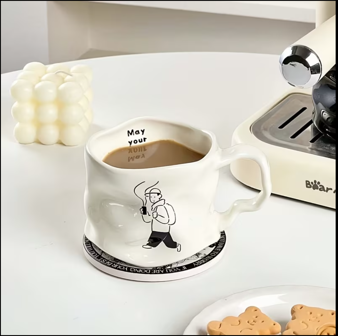 Creative Pleated Ceramic Coffee Cup - Irregular Wavy Teacup with Silvery Handle, Modern Glossy Ceramic Mug, Suitable for Coffee, Tea, Latte
