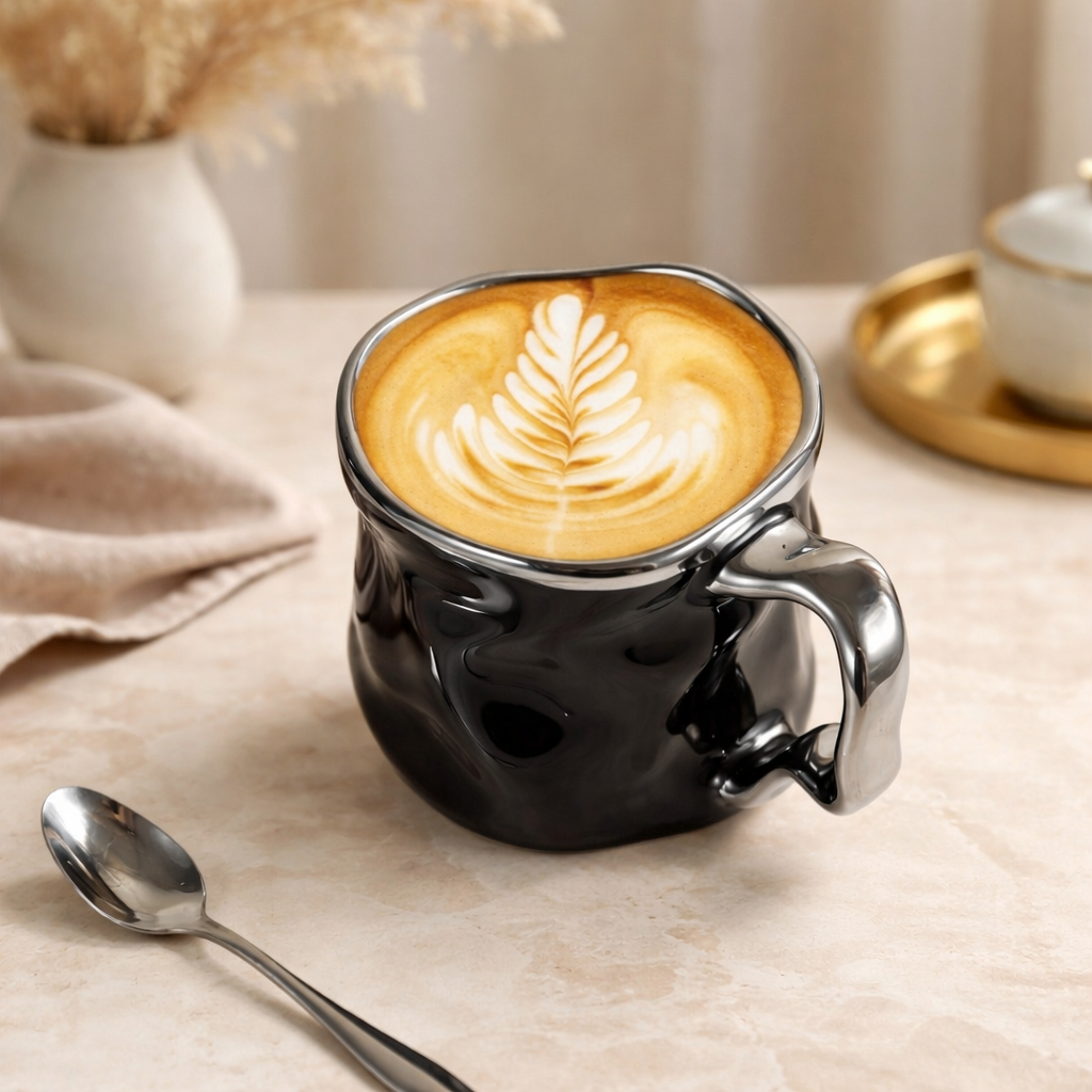 Creative Pleated Ceramic Coffee Cup - Irregular Wavy Teacup with Silvery Handle, Modern Glossy Ceramic Mug, Suitable for Coffee, Tea, Latte